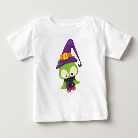 ハロウィンフクロウ、かわいいフクロウ、グリーンフクロウ、ウィッチハット ベビーTシャツ (正面)