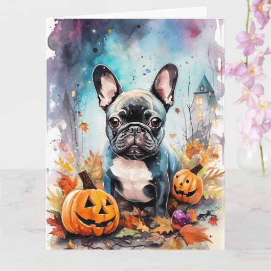 ハロウィンフランスのブルドッグとカボチャ怖い カード (蘭)