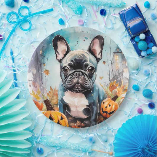 ハロウィンフランスのブルドッグとカボチャ怖い ペーパープレート (パーティー)