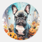 ハロウィンフランスのブルドッグとカボチャ怖い ラウンドシール (正面)