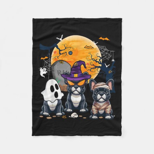 ハロウィンフランスのブルドッグコスプレ魔女幽霊ママ フリースブランケット (正面)