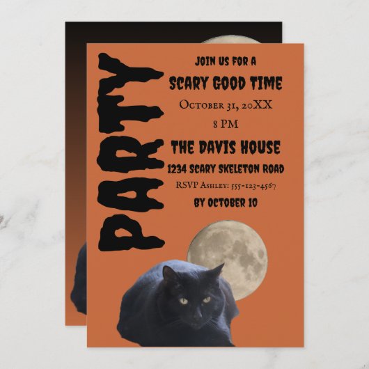 ハロウィンフルムーンブラックキャット 招待状 (正面/裏面)