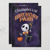 ハロウィンブラックオレンジ不気味かわいい1歳の誕生日 招待状 (正面/裏面)