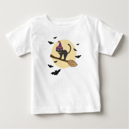 ハロウィンブラック魔法の猫のほうきの若者Tシャツ ベビーTシャツ