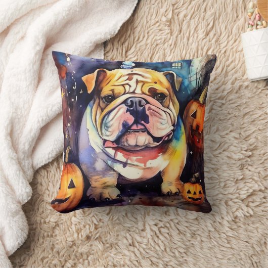 ハロウィンブルドッグとカボチャ怖い クッション (ブランケット)