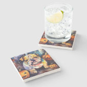 ハロウィンブルドッグとカボチャ怖い ストーンコースター (横)