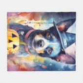 ハロウィンブルーヘラーとカボチャ怖い フリースブランケット (正面(横))