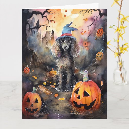 ハロウィンプードルとかぼちゃの怖いデザイン カード (黄色い花)