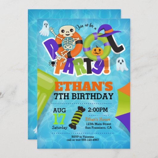 ハロウィンプールパーティの招待状 招待状 (正面/裏面)