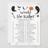 ハロウィンベイビーシャワーのWould She Ratherゲームカード 招待状 (正面)