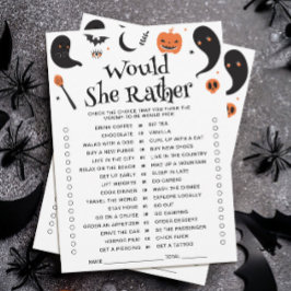 ハロウィンベイビーシャワーのWould She Ratherゲームカード 招待状