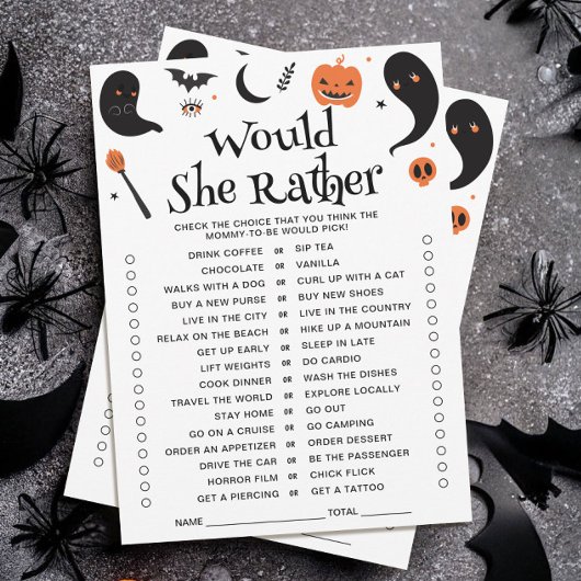 ハロウィンベイビーシャワーのWould She Ratherゲームカード 招待状
