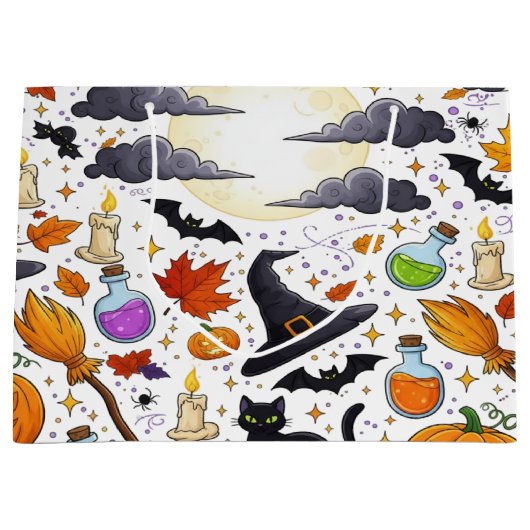 ハロウィンベクターアート 魔女 黒猫 かぼちゃ ラージペーパーバッグ (正面)