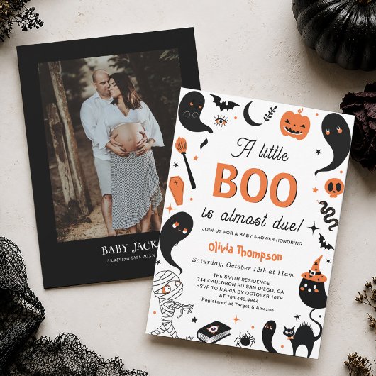 ハロウィンベビーシャワーのための"小さなBooがもうすぐ生まれる"デザイン 招待状