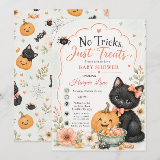 ハロウィンベビーシャワーの黒猫デザイン 招待状 (正面/裏面)