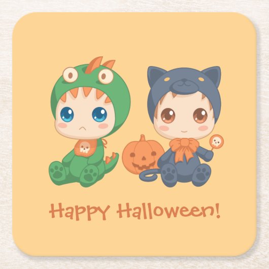 ハロウィンベビー黒猫ドラゴンの衣装 スクエアペーパーコースター (正面)