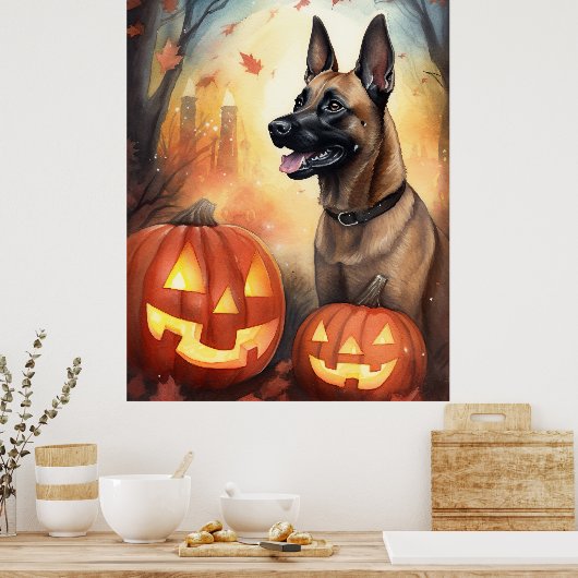 ハロウィンベルギーマリノイとカボチャ怖い ポスター (キッチン)