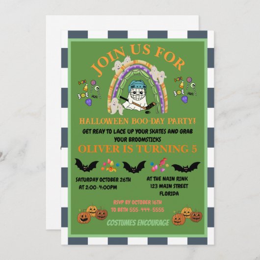 ハロウィンホッケーをテーマにした子供誕生日をパーソナライズ 招待状 (正面/裏面)