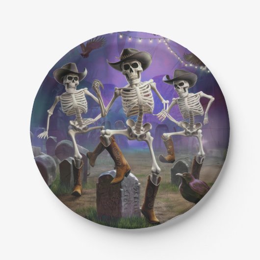 ハロウィンホームダウン、ライン踊りスケルトン ペーパープレート (正面)