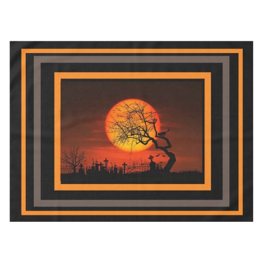 ハロウィンホームブラックオレンジストライプ色の墓地あり テーブルクロス (正面(横))
