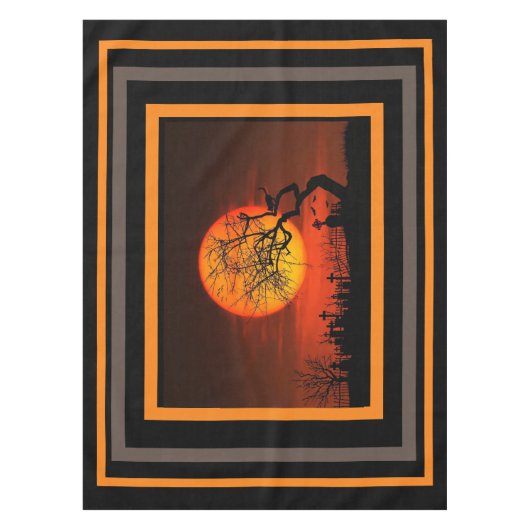 ハロウィンホームブラックオレンジストライプ色の墓地あり テーブルクロス (正面)