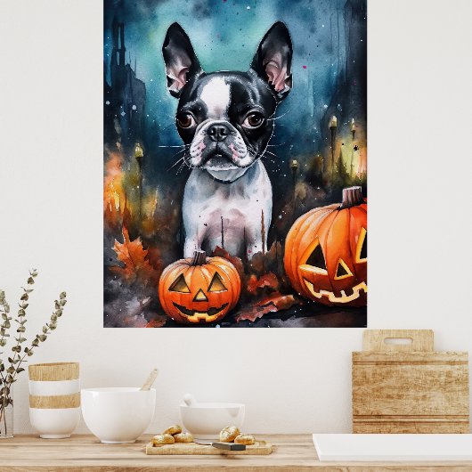 ハロウィンボストンテリアとカボチャ怖い ポスター (キッチン)