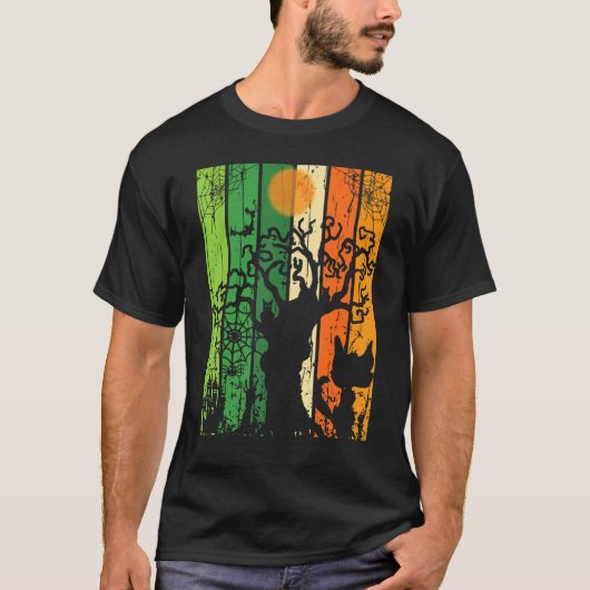 ハロウィンポスター 怖い猫 蜘蛛 木 Tシャツ (正面)