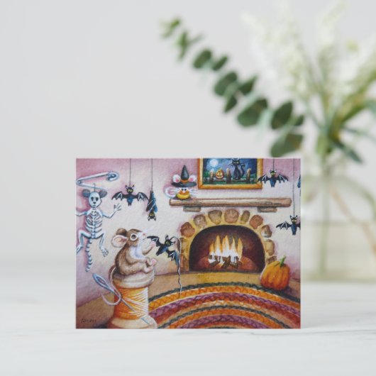 ハロウィンマウスぶら下がったのこうもり装飾水彩 ポストカード (スタンド正面)