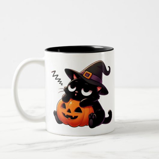 ハロウィンマグカップ|両面印刷|魔女猫のかぼちゃ抱っこ ツートーンマグカップ (左)