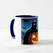 ハロウィンマグ カボウキ上の不気味な黒猫 マグカップ (正面左)