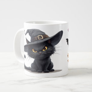 ハロウィンマジックと魔女の帽子をかぶった黒猫 ジャンボコーヒーマグカップ