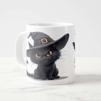 ハロウィンマジックと魔女の帽子をかぶった黒猫 ジャンボコーヒーマグカップ