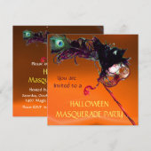 ハロウィンマスカレードパーティー、イエローオレンジ 招待状 (正面/裏面)