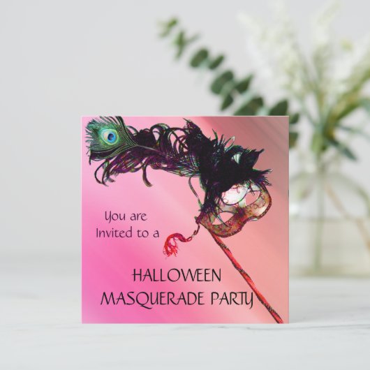 ハロウィンマスカレードパーティー、赤と黄色のシルク 招待状 (スタンド正面)