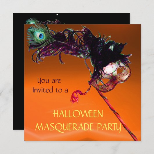 ハロウィンマスカレードパーティー、黒 黄 オレンジ 招待状 (正面/裏面)