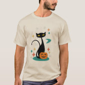 ハロウィンミッドセンチュリーブラックキャット Tシャツ (正面)