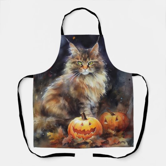 ハロウィンメーヌクーンキャットカボチャ怖い エプロン (正面)