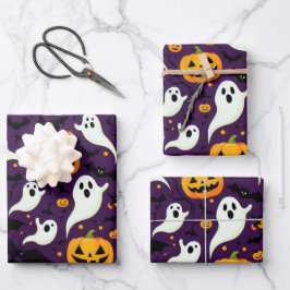 ハロウィンモダンこうもりカボチャ幽霊パターンパープル ラッピングペーパーシート