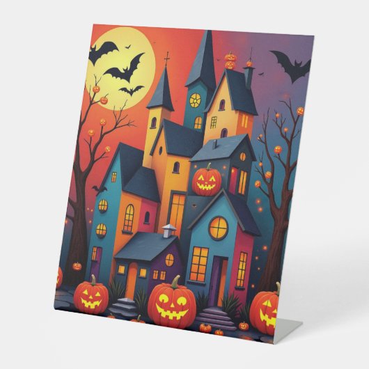 ハロウィンモダンアートキャッスルとカボチャ 台座サイン (正面)