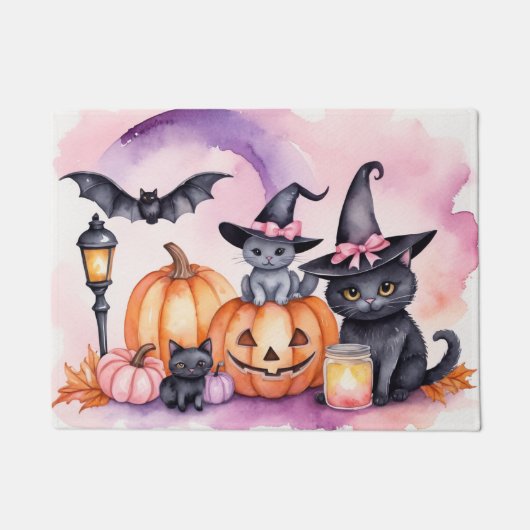 ハロウィンモダンオレンジカボチャ黒猫こうもり ドアマット (正面)