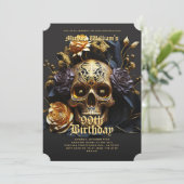 ハロウィンモダンバースデーパーティーブラック金ゴールドスカル 招待状 (スタンド正面)