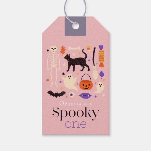 ハロウィンモチーフ入り スプーキー・ワン ピンク 1歳の誕生日 ギフトタグ (正面)