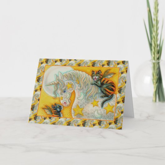 ハロウィンユニコーンで燃える黒猫カラフル シーズンカード (正面)