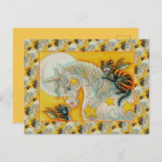 ハロウィンユニコーンで燃える黒猫カラフル シーズンポストカード (正面/裏面)