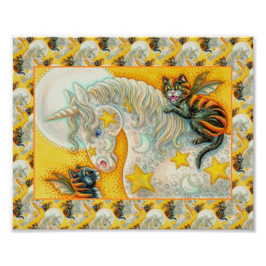 ハロウィンユニコーンで燃える黒猫カラフル フォトプリント (正面)