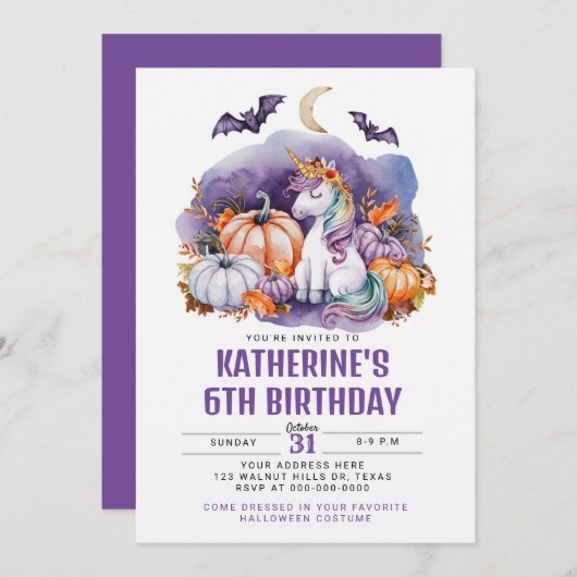 ハロウィンユニコーンウォーターカラーバースデーパーティー 招待状 (正面/裏面)
