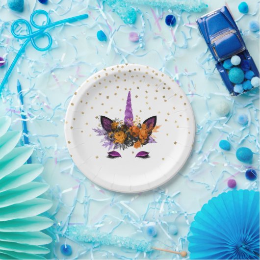 ハロウィンユニコーンパープルグリッターパーティー ペーパープレート (パーティー)