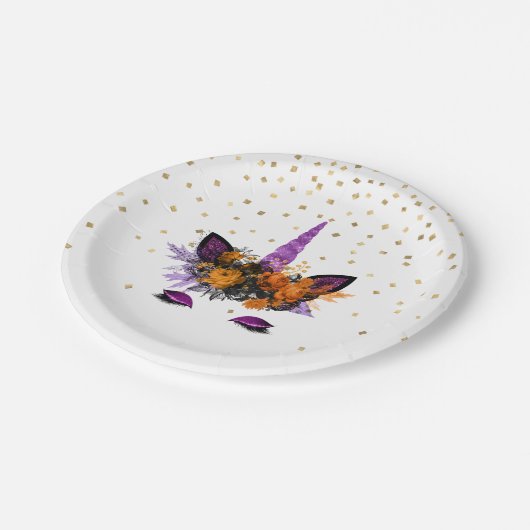 ハロウィンユニコーンパープルグリッターパーティー ペーパープレート (アングル)