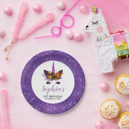 ハロウィンユニコーンパープルグリッター誕生日パーティー ペーパープレート (パーティー)