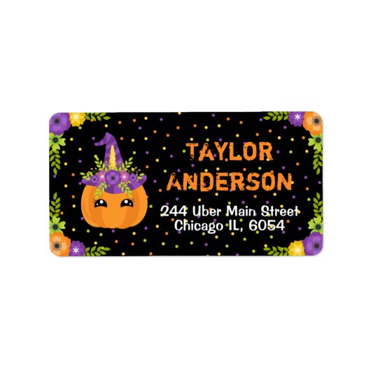 ハロウィンユニコーンフローラカボチャ黒とオレンジ ラベル (正面)